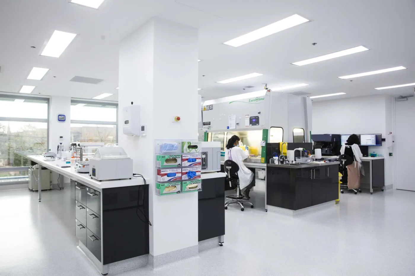 Scientists working at a clean, bright lab