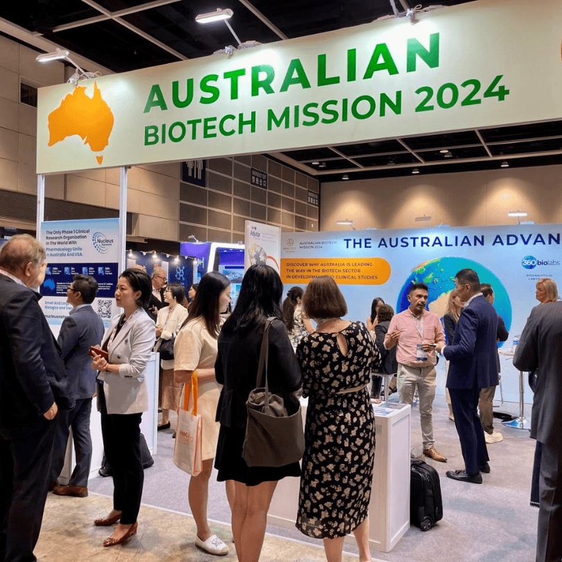 Australian biotech mission booth with people connecting